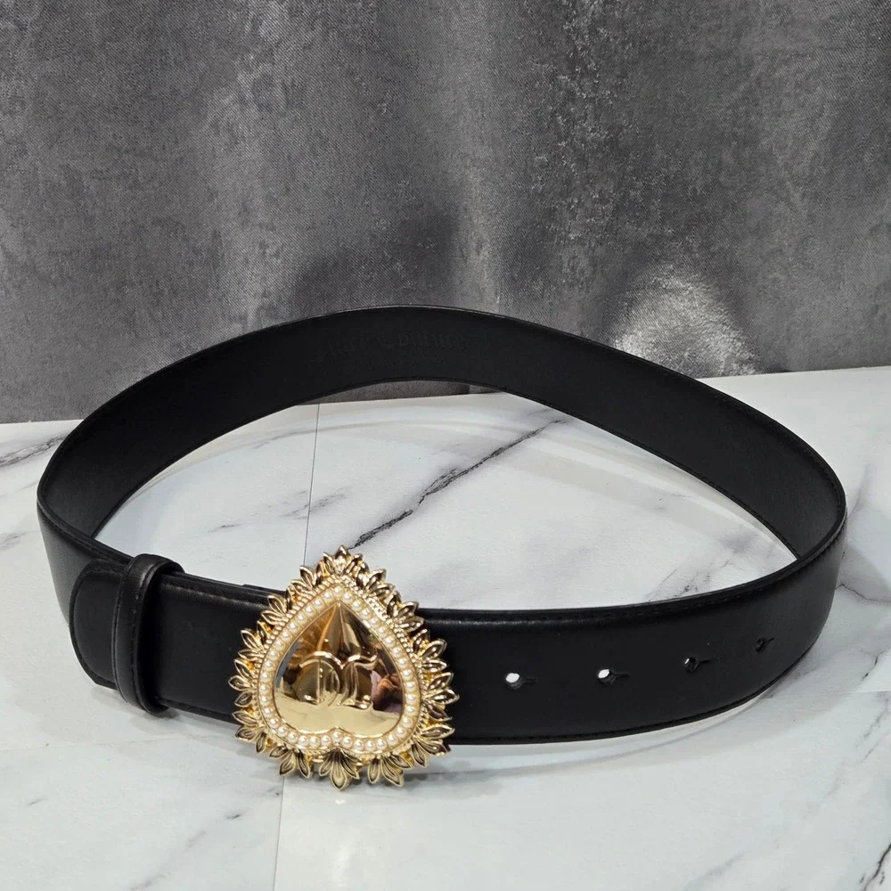 Juicy Couture Belt Womens Large Black Gold Heart Buckle Pearl Detail Fashion